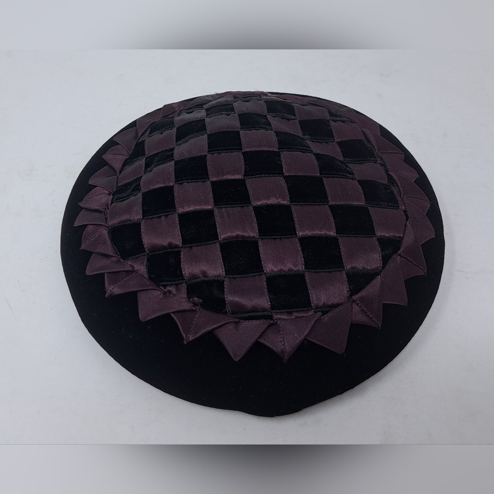 Bonwitt Teller Women's Hat Velvet Check Purple Black Vintage 70s 60s - Picture 4 of 12